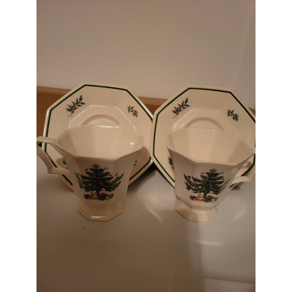 Lot Of 2 Nikko CHRISTMASTIME Footed Cups & Saucers Japan Classic Collection